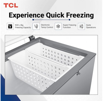 Congélateur coffre TCL 920L, double porte, super congélateur avec panier de rangement